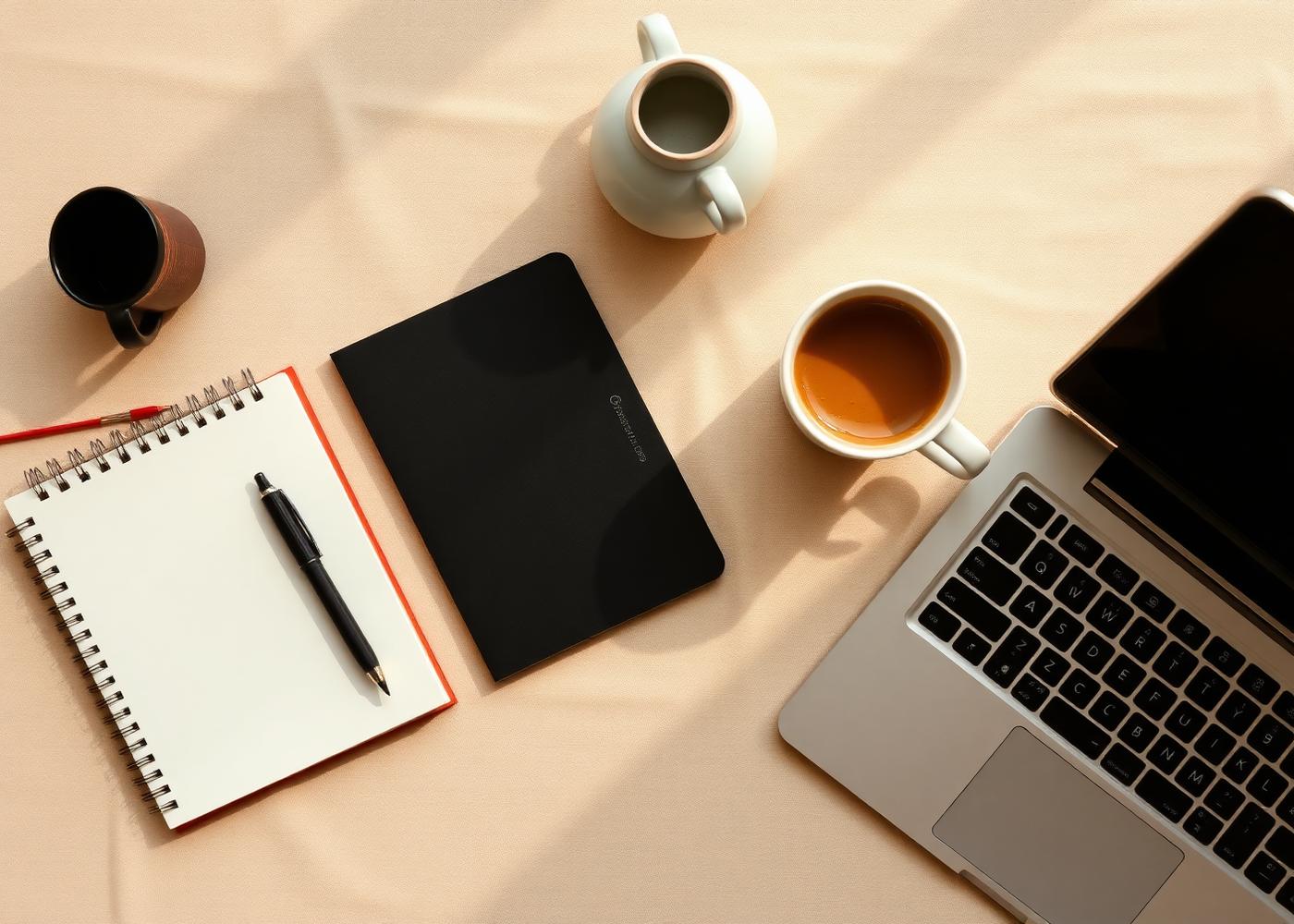 A warm, sunlit desk with notebook and laptop